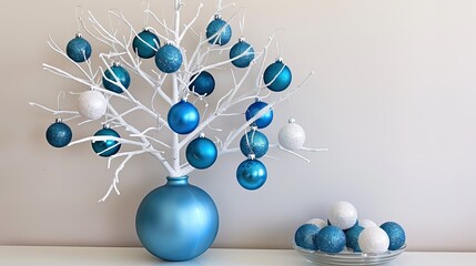 Poster - A white metal tree with blue and silver ornaments 