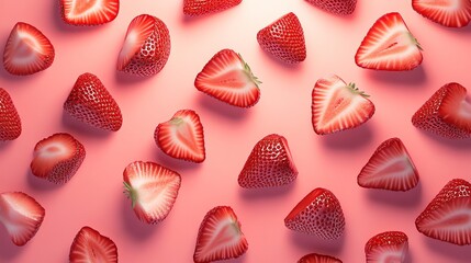 Wall Mural - Strawberry halves arranged in a pattern on a pink background.