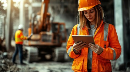 A female construction worker in an orange safety jacket and helmet examines a tablet on a construction site.