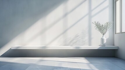 Aufkleber - modern minimalistic cozy white home interior background white wall with shelves and design wall and floor sunlight beams from window and shadows white background with spotlights : Generative AI