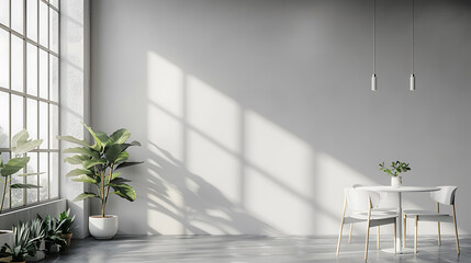 Wall Mural - A minimalistic dining area with a white table and chairs set against a white wall, bathed in natural sunlight streaming through large windows.