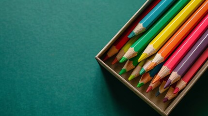 Crayons color pencils in eco cardboard box arrangement isolated on green background