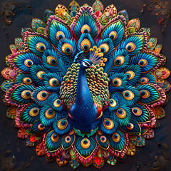 Art nouveau artistic image of peacock in a round shape,Luxurious peacock with an open tail,magnificent realistic peacock