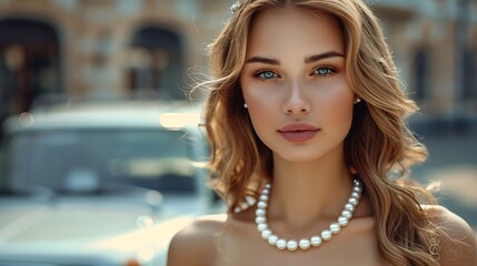 Wall Mural - Fashion outdoor woman portrait  Elegant lady with makeup and long wavy hair style in pearls jewelry posing by white car : Generative AI