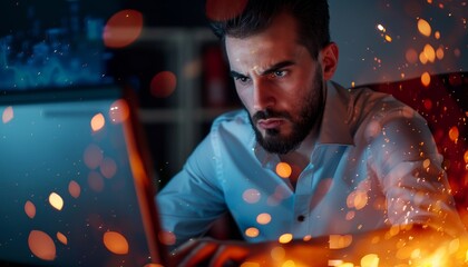 Man Working on Laptop with Bokeh Lights
