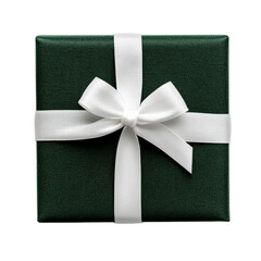 Poster - Dark green gift box with a textured finish and a transparent ribbon tied precisely isolated on a transparent background 