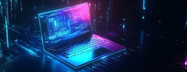 Wall Mural - A futuristic laptop glowing with neon light, surrounded by digital streams, representing the convergence of technology and innovation.