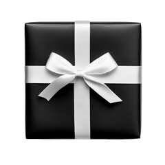 Wall Mural - Elegant black gift box with a luxurious matte finish and a transparent satin ribbon isolated on a transparent background 