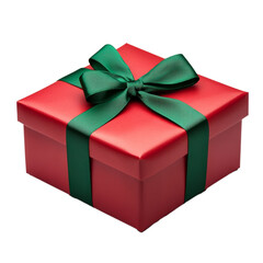 Poster - Glossy red gift box with a green satin ribbon elegantly wrapped and tied isolated on a transparent background 