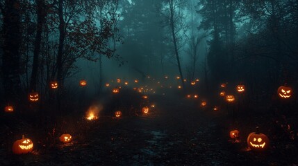 A dark forest path lined with glowing jack-o'-lanterns, leading into the mist, creating a haunting and mysterious Halloween scene.