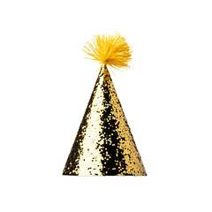 Poster - New Year party hat covered in shimmering confetti with a golden tassel isolated on transparent background 