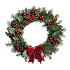 Wall Mural - Rustic Christmas wreath with red berries pine cones and a bow isolated on transparent background holiday decor 