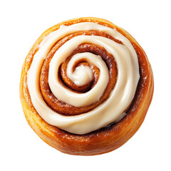 Wall Mural - Top view of a cinnamon roll with thick cream cheese icing swirled in a spiral pattern isolated on transparent background 