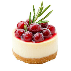 Canvas Print - Top view of a mini cheesecake with cranberry topping and sugared rosemary garnish isolated on transparent background 