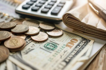 Aufkleber - A stack of cash rests next to coins and a notebook filled with notes and calculations, reflecting a personal finance session in a comfortable setting. Generative AI