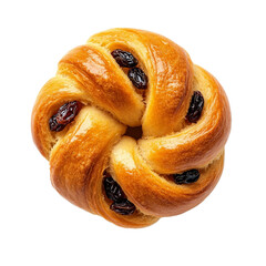 Wall Mural - Top view of a single Swedish saffron bun with twisted shape and raisin details isolated on transparent background 