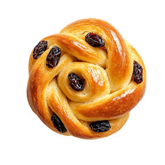 Top view of a single Swedish saffron bun with twisted shape and raisin details isolated on transparent background 