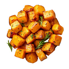 Poster - Top view of a serving of roasted butternut squash with herbs sprinkled over caramelized cubes isolated on transparent background 