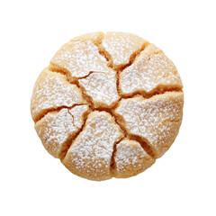 Canvas Print - Top view of an Italian ricciarelli almond cookie with a cracked surface and powdered sugar coating isolated on transparent background 