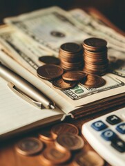 Aufkleber - A notebook filled with calculations sits next to a stack of cash and coins, reflecting a budgeting exercise in progress. Generative AI