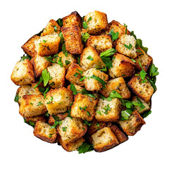 Top view of stuffing with visible bread cubes herbs and a crispy browned surface isolated on transparent background 