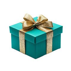 Wall Mural - Vibrant teal gift box with a glittering gold ribbon carefully tied isolated on a transparent background 