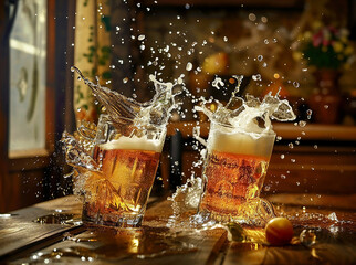 Delicious foamy beer in two clear glasses on the bar counter of the pub