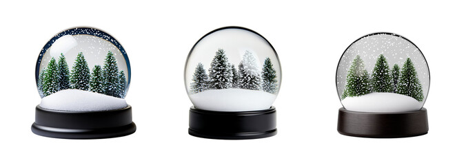 Sticker - Collection of snow globes with evergreen trees, isolated on a transparent background, capturing the essence of Christmas and winter magic