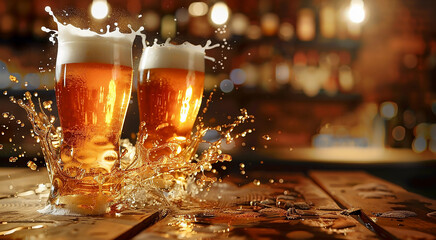 Delicious foamy beer in two clear glasses on the bar counter of the pub