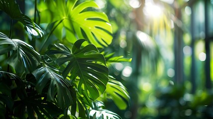 Poster - Tropical monstera plant behind reeded glass panel Abstract botanical background with green foliage Greenhouse architecture interior design Asian indoor garden with palm tree wallpaper : Generative AI