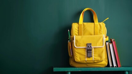 A yellow school bag with books and accessories is placed in front of an empty green chalkboard. The setup highlights a back-to-school theme, emphasizing preparation and learning.

