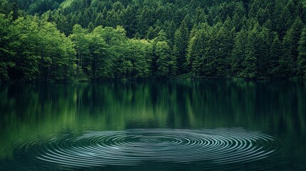 Quiet lakeside scene with gentle ripples on the water and a backdrop of serene forest, offering a soothing natural landscape