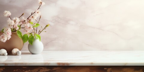 Canvas Print - Blooming Spring Branches in Vases on Marble Table