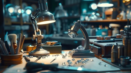 master of jewelry manually inserts gems into the frame of future jewelry Working desk for craft jewelery making with professional tools Sapphire diamond ring on the jewelers desktop : Generative AI