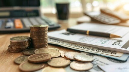 Aufkleber - Cash stacks, coins, and an open notebook filled with calculations are arranged neatly on a wooden desk amid a financial analysis setting. Generative AI