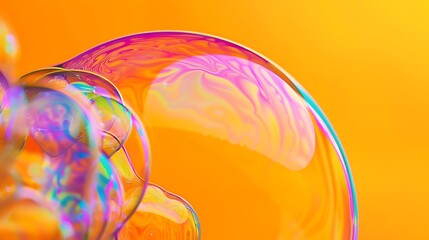 Extreme close up of three dimensional rainbow colored soap bubble alphabet letter a on orange background