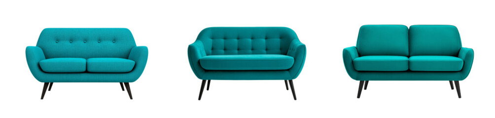 Poster - Collection of modern teal sofas isolated on a transparent background, ideal for home decor and interior design concepts