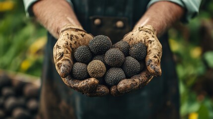 Farmer proudly displaying freshly dug black truffles, emphasizing their value and rarity in the culinary world Generative AI