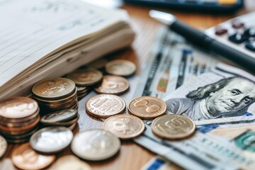 Aufkleber - Cash and coins surround a notebook filled with detailed notes and calculations, indicating careful financial planning and budgeting activities. Generative AI