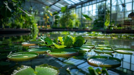 SAINT PETERSBURG RUSSIA  August 23 2022 Large greenhouse with aquatic plants in the Botanical Garden of St Petersburg Tropical plants grow in a water pool under a glass roof : Generative AI