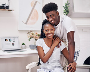 Canvas Print - Black couple, portrait and smile in apartment in morning for bonding, care and support. Relationship, people and happy or excited on break at home to relax, chill and rest for commitment as lovers