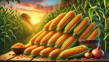 Wall Mural - A bountiful harvest of ripe corns stacked in a pile, glistening with dewdrops