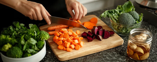 close-up of a person chopping carrots and beets on a cutting board, surrounded by fresh greens and v