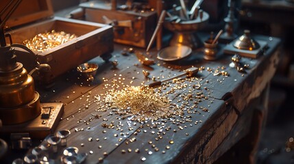 Wall Mural - Workplace of a jeweler Tools and equipment for jewelry work on an antique wooden desktop Jeweller engraver at work on jewelry made of diamonds and gold Wood Platinum Diamond Metal Back : Generative AI