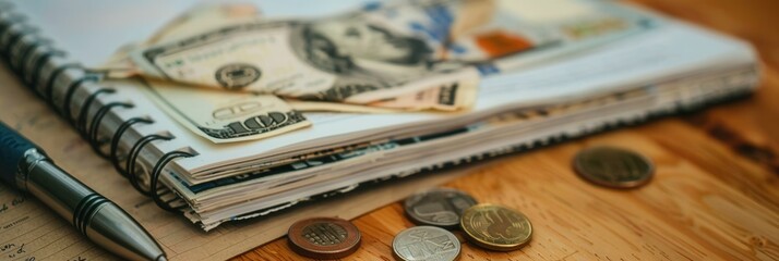 Aufkleber - A stack of cash sits atop a notebook filled with notes and calculations alongside scattered coins on a wooden surface. Generative AI