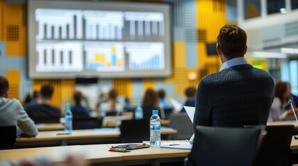 Leinwandbilder - A professional is delivering a financial seminar in a contemporary conference room with participants attentively focused on the presentation. Generative AI