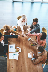 Aufkleber - Business people, above or hands together in startup for mission, support or meeting for goals. Project, group or partnership with graphs paperwork for teamwork, target or staff synergy for motivation