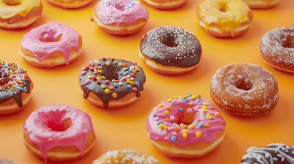 Wall Mural - Fresh homemade glazed donuts with various toppings on orange background