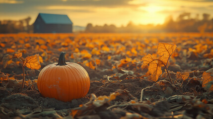 Wall Mural - golden pumpkin field during harvest season on the farm, capturing the richness of autumn's bounty and the beauty of rural life