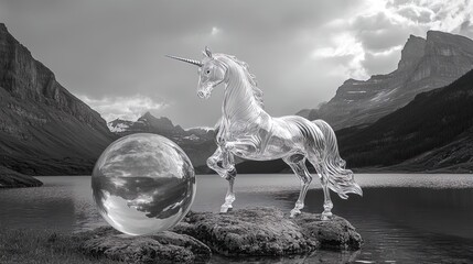 Elegant Glass Unicorn Escapes Translucent Sphere: A Captivating Poster for Home Decor or Sports Interior, Set Against a Dramatic Black and White Mountain Backdrop by a Serene Lake